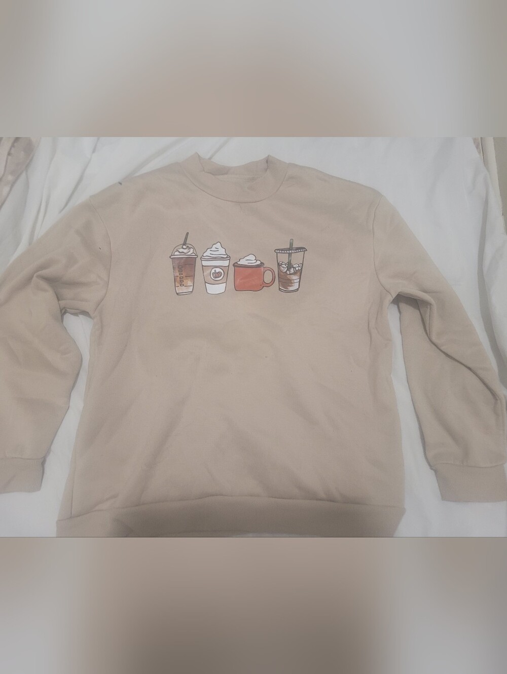 Neutral Beige Crewneck Sweater with Coffee Drink Graphic